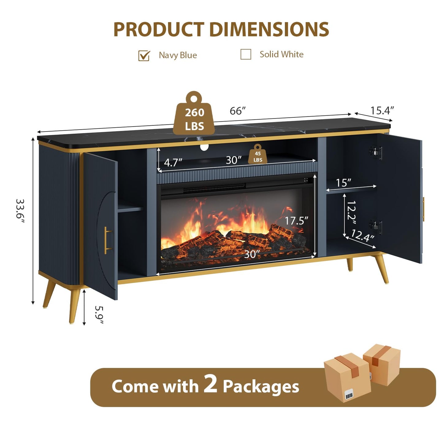 Fluted Fireplace TV Stand Up to 80" TVs, Modern Entertainment Center with 30" Electric Fireplace, Luxury Media Console with Adjustable Shelves for Living Room, Navy Blue