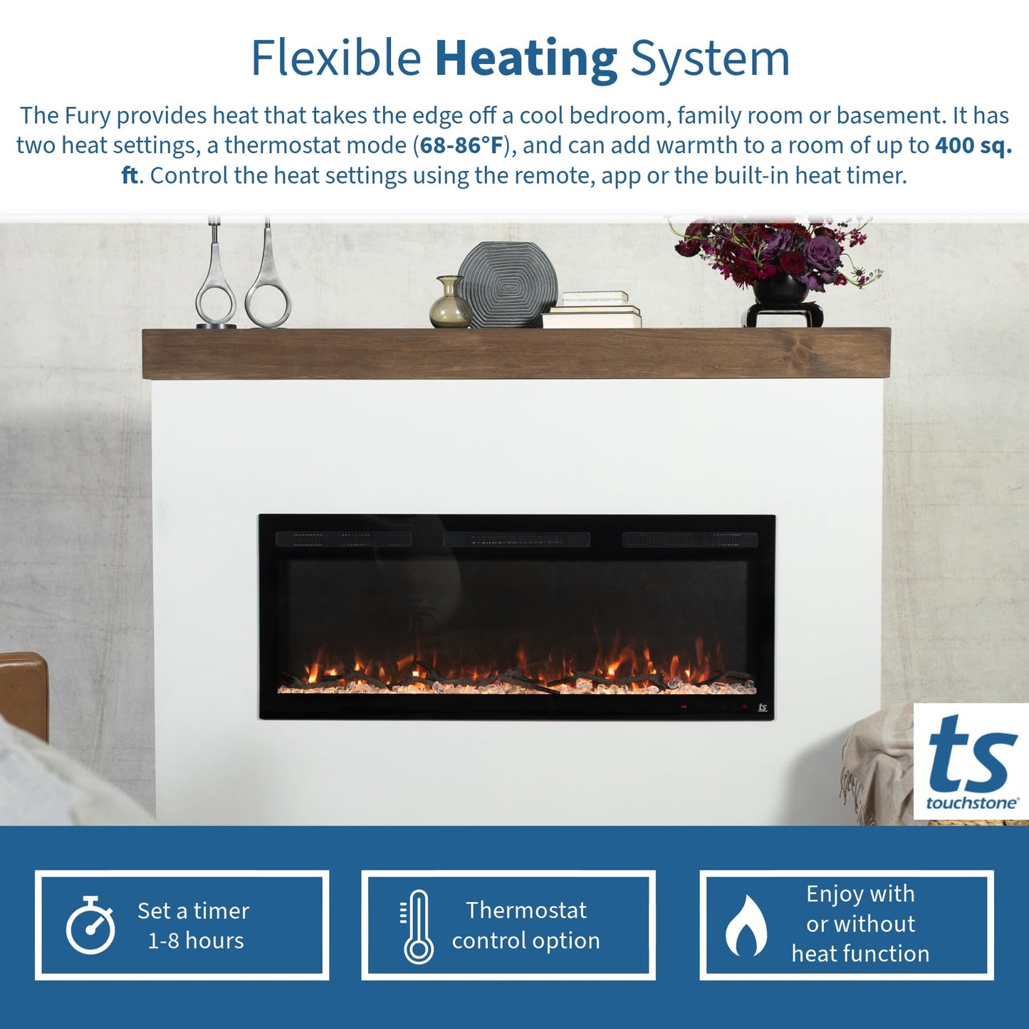 Touchstone Smart Electric Fireplace-The Fury 57" Wide- 4.5" Thin in Wall Recessed-100 Realistic Flame/Ember Bed Color Combos-1,500W Heater-Larger Viewing Area-Alexa/WiFi Enabled