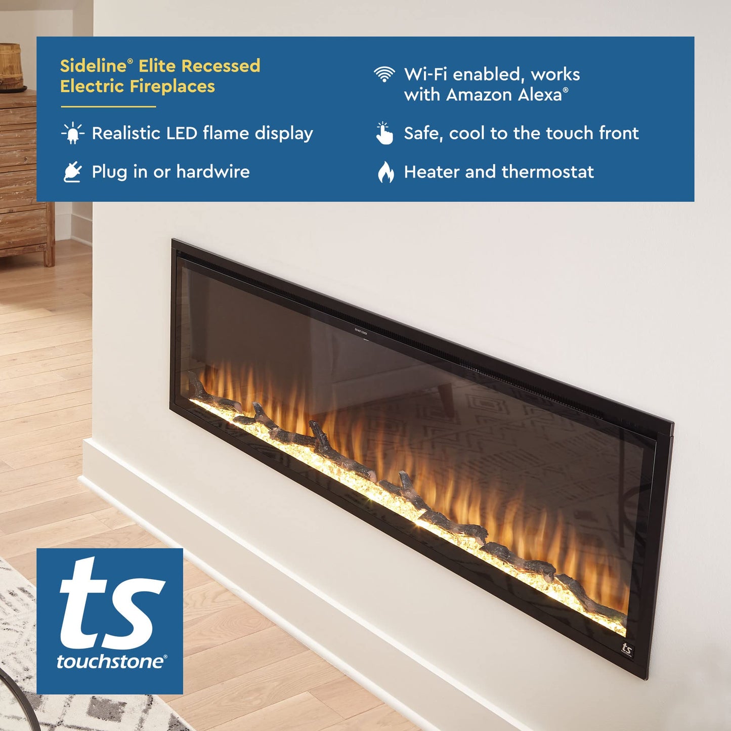 Touchstone Sideline Elite Smart 50” WiFi-Enabled Electric Fireplace - in-Wall Recessed - 60 Color Combinations - 1,500W Heater - Black - Log, Crystals & Driftwood - 80036