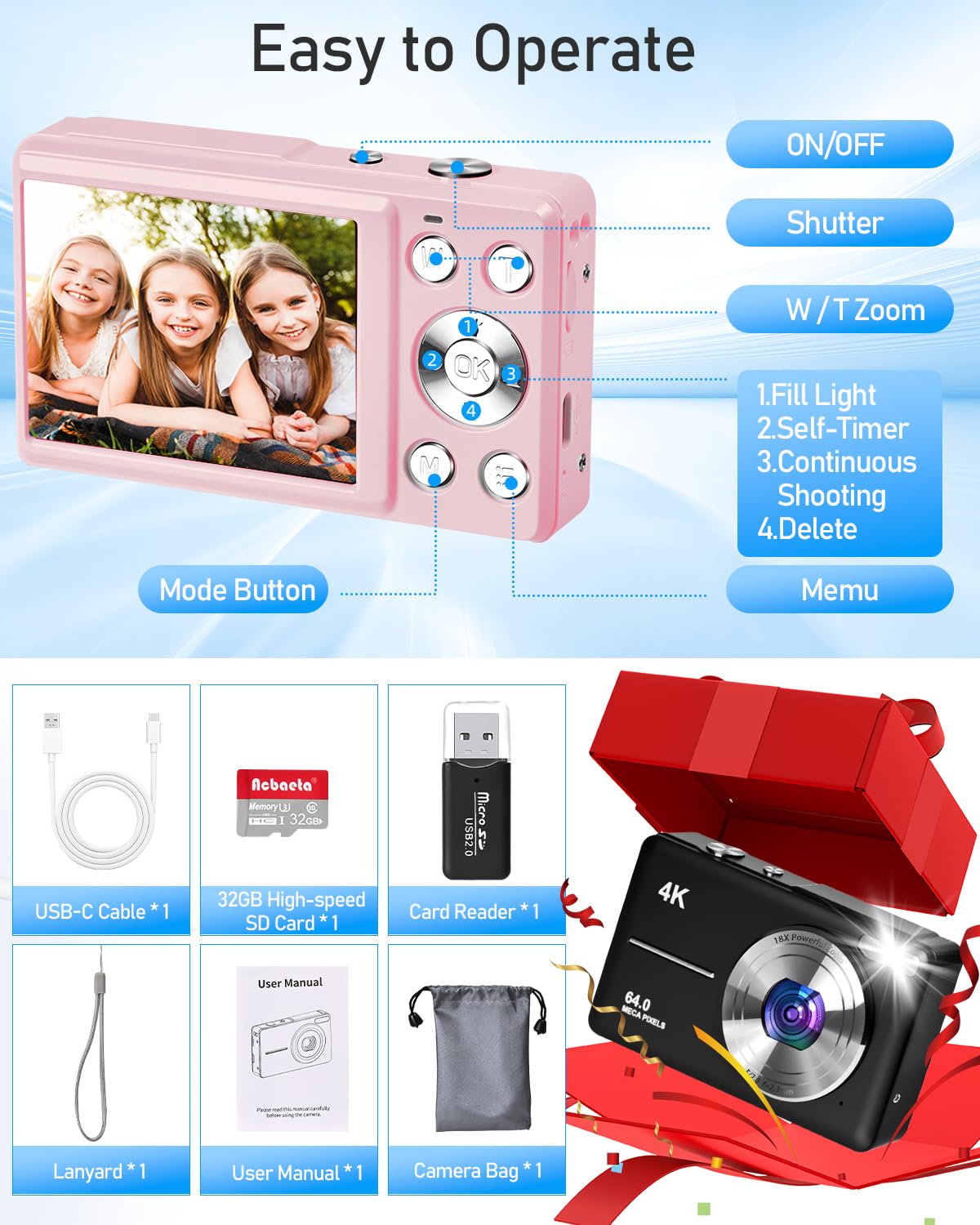 4K Digital Camera for Photography, Autofocus 64MP Vlogging Camera, 32GB TF Card, 2.8'' LED Screen, 18X Zoom, Anti-Shake, Portable YouTube Point and Shoot Digital Cameras for Kids Teens Adult Beginner