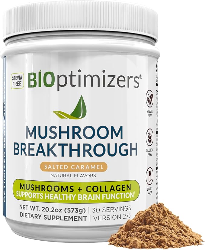BIOptimizers Mushroom Coffee Alternative – Salted Caramel Drink – Lion’s Mane, Chaga, Reishi + Collagen Peptides for Focus, Energy & Gut Health – Adaptogenic Mushrooms & MCT Powder – 30 Servings