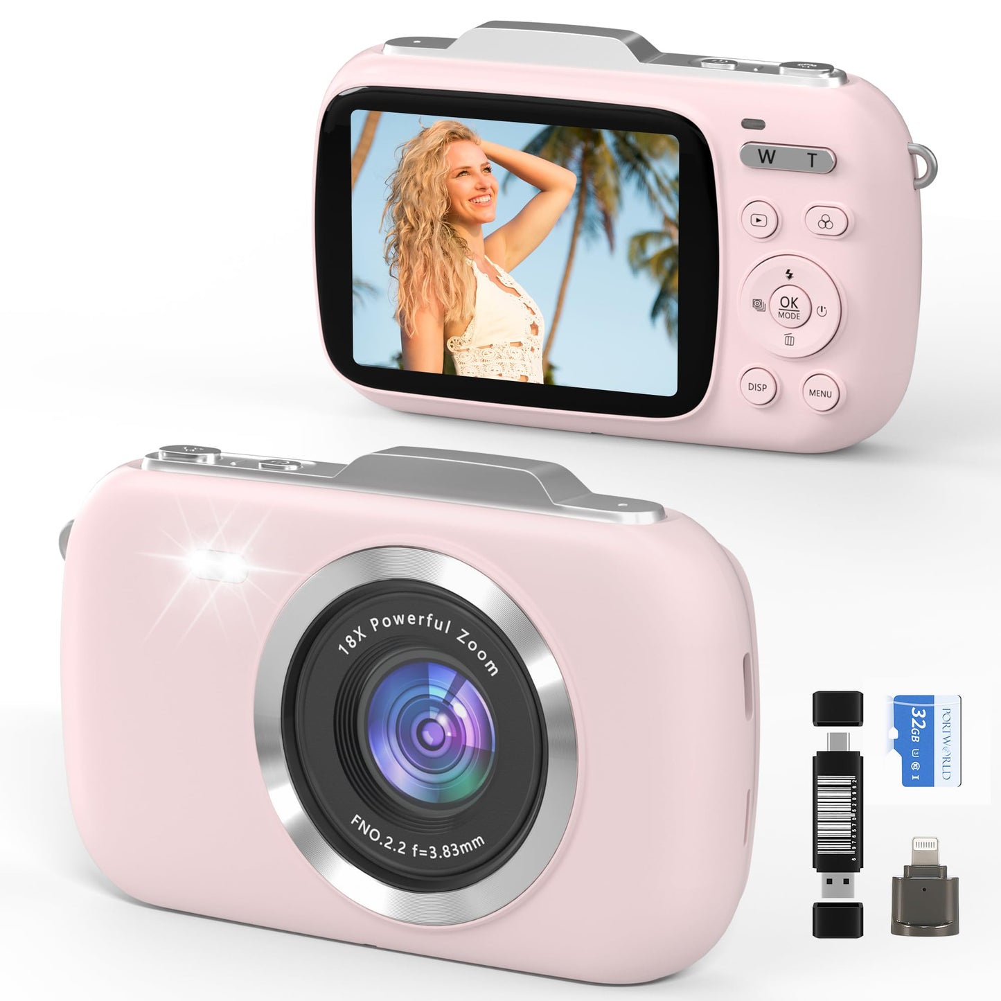 GWAEPU 4K Compact Digital Camera: 64MP Point and Shoot Cameras for Photography 18X Zoom Portable Small Vlogging Camera with 32GB TF Card 2 Batteries & Leather Case for Beginners Teens Students Pink