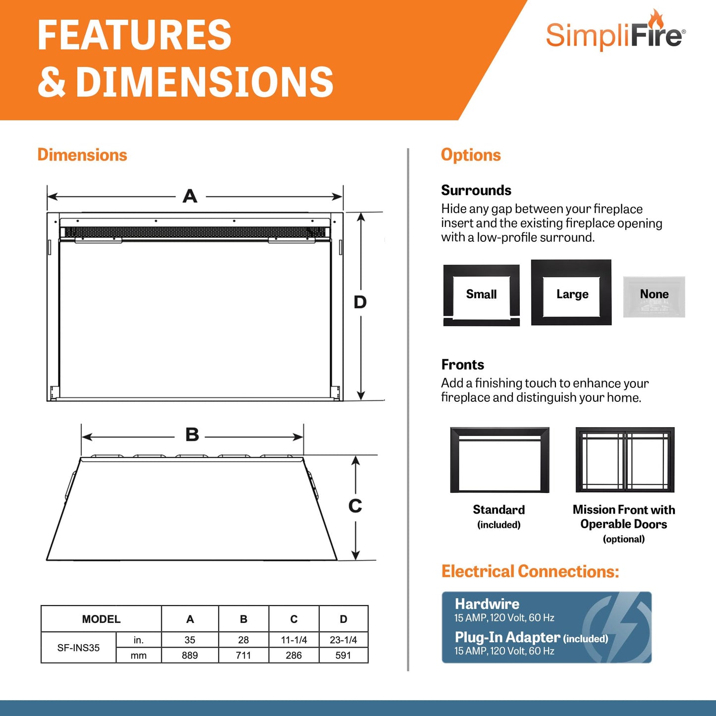 SimpliFire 35-Inch Electric Fireplace Insert, Large Black Surround, 44" x 32" (SF-INS35-SF-SI4432-INS35)