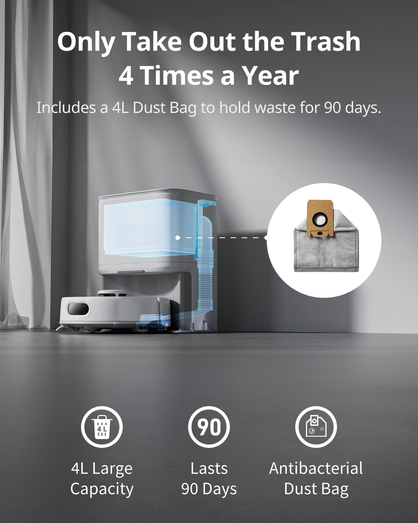 SwitchBot K10+ Pro Robot Vacuum Self Emptying for 90 Days Hands-Free, Super Quiet Mini Robotic Vacuum with Powerful Suction, Anti-Hair-Tangle, Works with Alexa/Siri/Matter(Hub 2 Required), 2.4Ghz WiFi