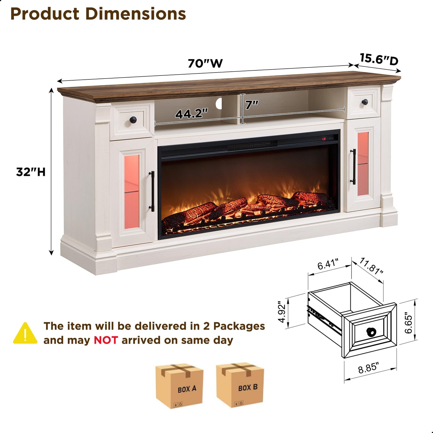 OKD Fireplace TV Stand for 80 Inch TV - Farmhouse Entertainment Center with 42" Electric Fireplace & LED Lights, Wood Media Console with Storage Drawers & Cabinets for Living Room, Antique White