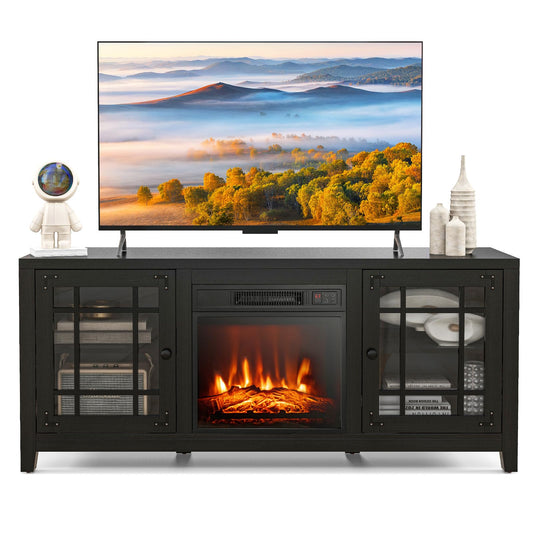 COSTWAY Electric Fireplace TV Stand for TVs up to 65-inch, 18-inch Fireplace Entertainment Center with Remote Control, Thermostat, TV Console with Adjustable Shelves for Living Room Bedroom, Black