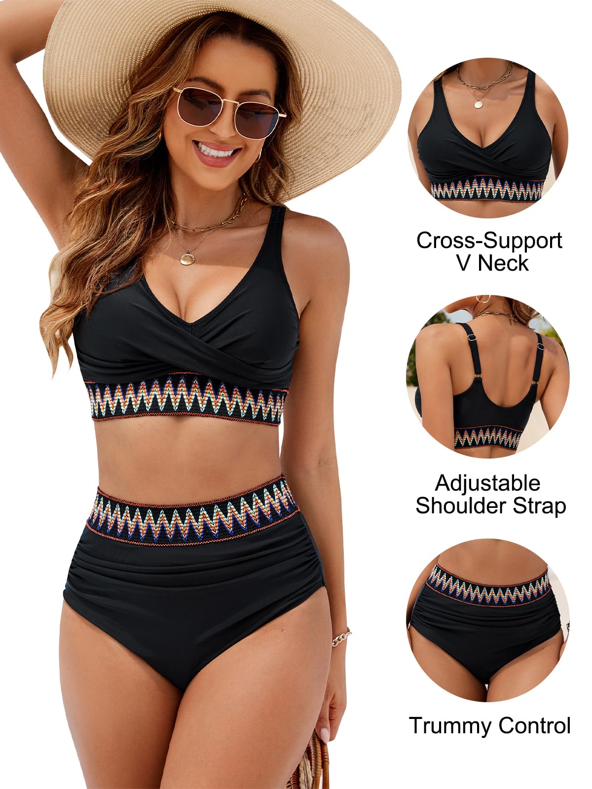 Blooming Jelly Women High Waisted Bikini Sets V Neck Tummy Control Swimsuits Color Block Two Piece Bathing Suit(L, Black)