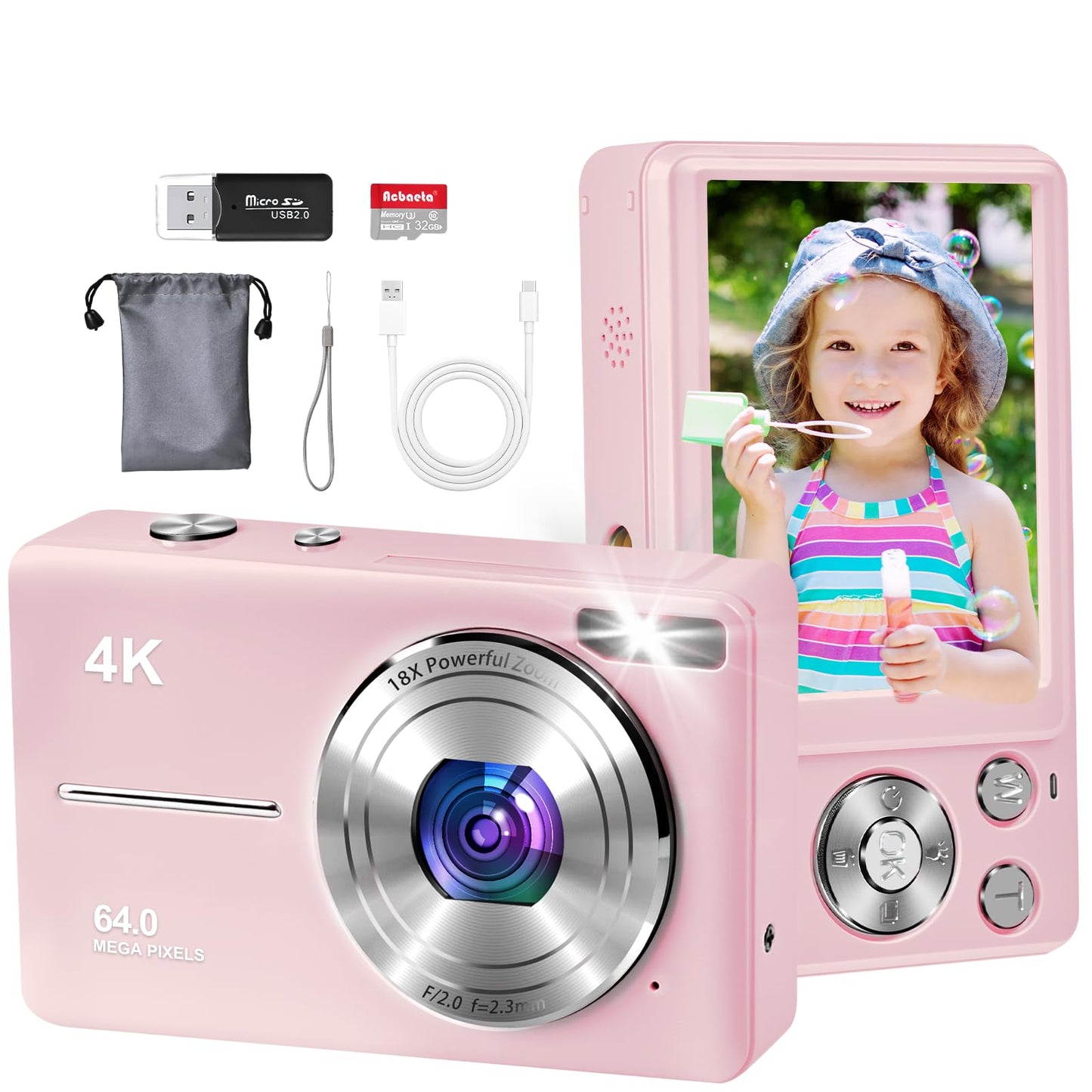 4K Digital Camera for Photography, Autofocus 64MP Vlogging Camera, 32GB TF Card, 2.8'' LED Screen, 18X Zoom, Anti-Shake, Portable YouTube Point and Shoot Digital Cameras for Kids Teens Adult Beginner