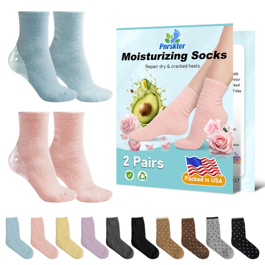 Pnrskter Moisturizing Socks Women, 2 Pairs Moisture Heel Socks Gel Socks, Spa Socks for Foot Care Treatment, Cracked Heels, Dry Feet, Heel Gel Liner Infused with Essential Oils, Vitamins(Pink, Blue)