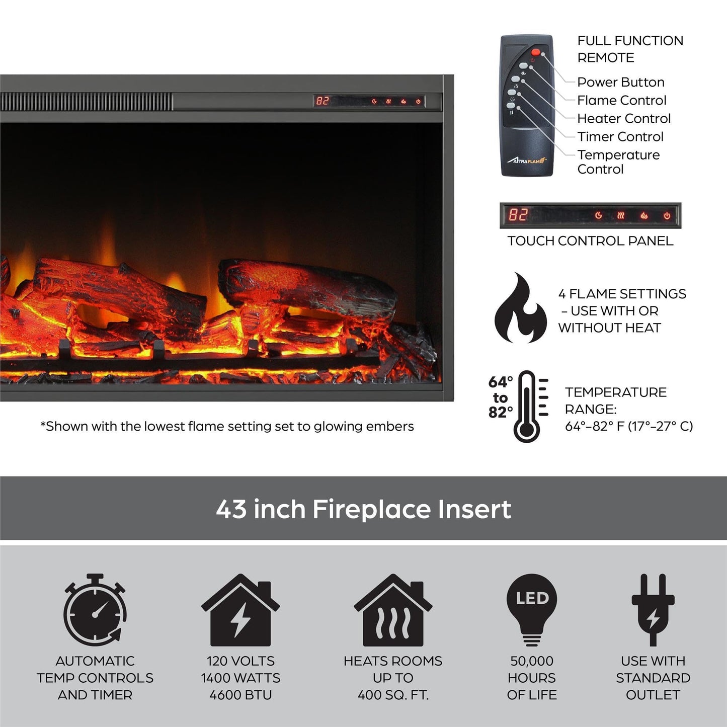 Ameriwood Home Elmcroft 64 Inch Electric Fireplace with Mantel, Replaceable Fireplace Insert Heater, Remote Control, Timer, Realistic Log and Flame Effect, for Living Room or Bedroom, Plaster