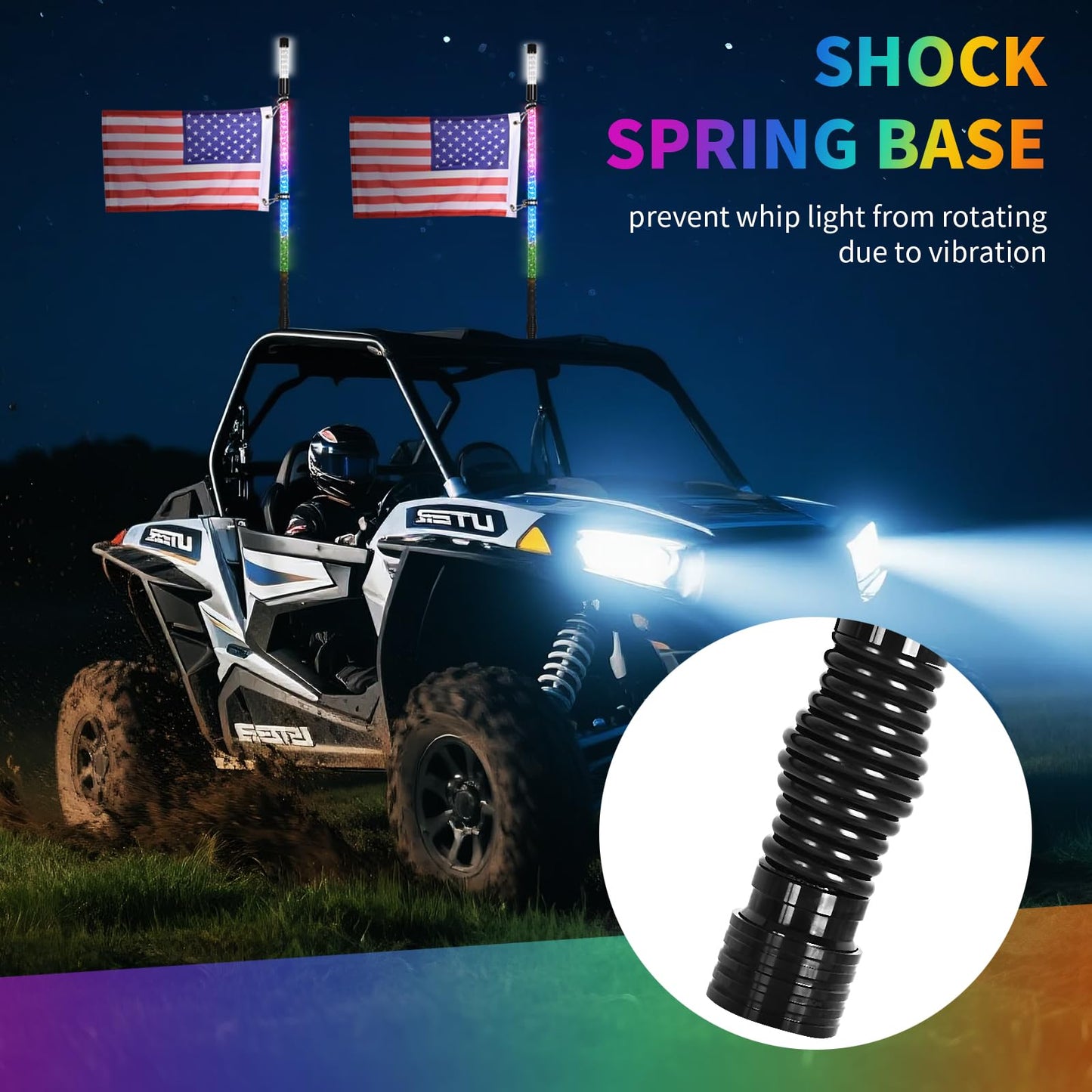 2PCS 3FT LED Whip Light and Blare Flash Light Kit with Spring Base, Spiral RGB Chase and Music Lights Whips with Rocker Switch, App & Remote Control, for UTV ATV RZR SXS Can-Am Polaris
