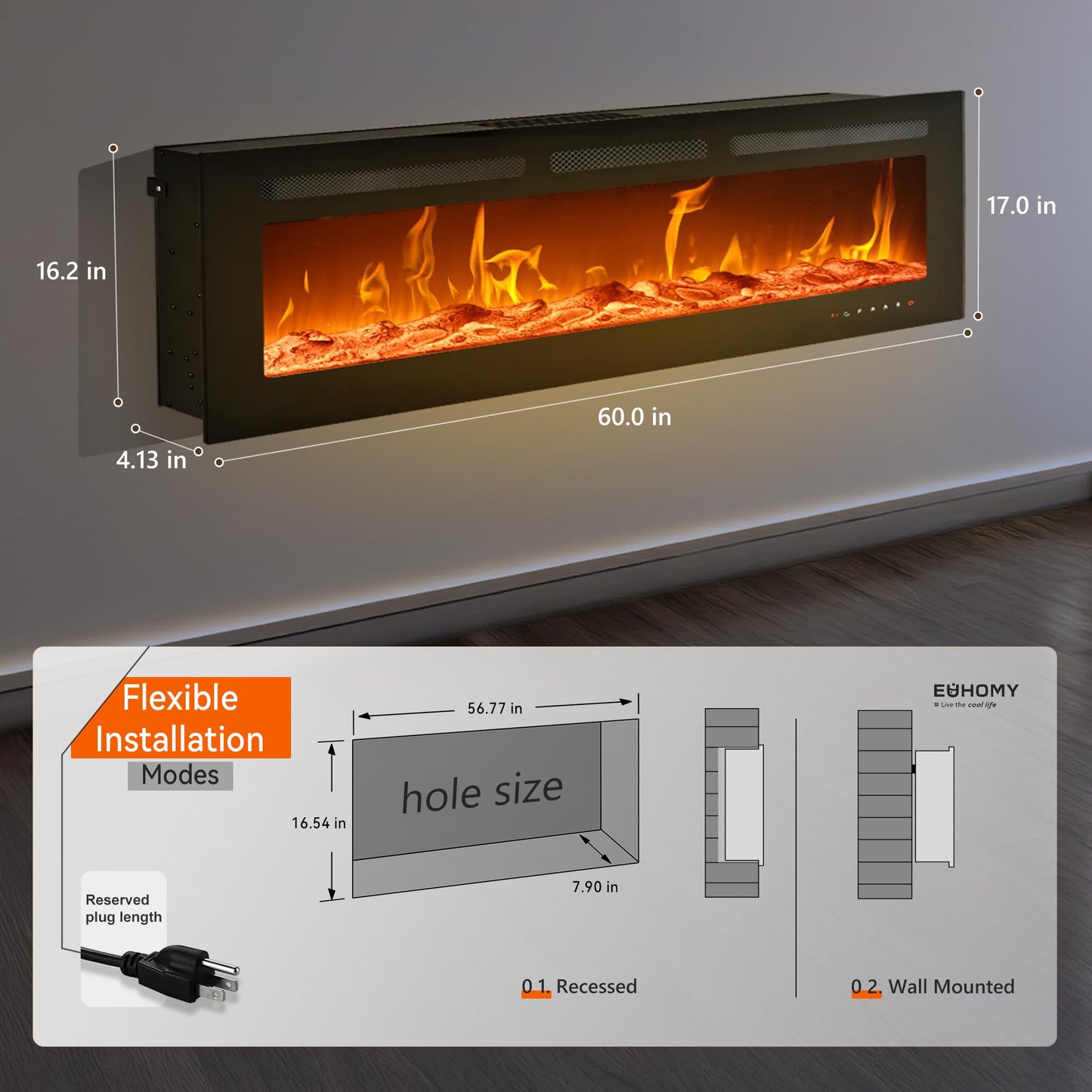 EUHOMY 60 Inch Electric Fireplace Wall Recessed and Wall Mounted with Adjustable Flame Color, Fireplace Heater with Remote Control, Linear Fireplace with Timer, Touch Screen, Log & Crystal, 750/1500W