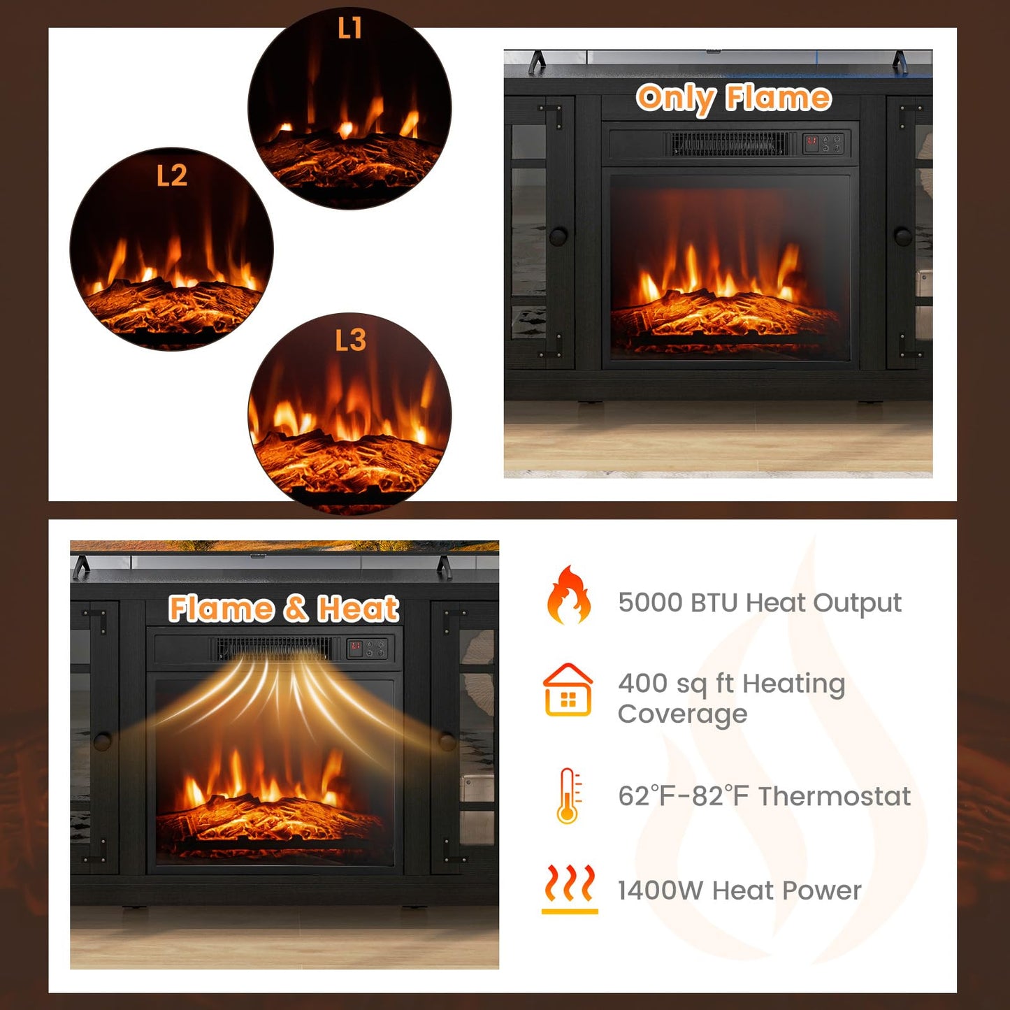 COSTWAY Electric Fireplace TV Stand for TVs up to 65-inch, 18-inch Fireplace Entertainment Center with Remote Control, Thermostat, TV Console with Adjustable Shelves for Living Room Bedroom, Black