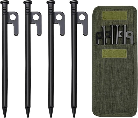 4 Pack Tent Stakes, 8in Tent Stakes Heavy Duty with Storage Bag, Forged Steel Tent Pegs for Camping Unbreakable and Inflexible(4pcs 8in Stakes)