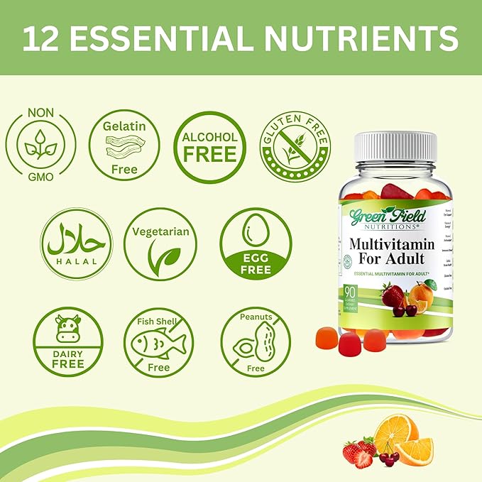 Greenfield Nutritions Halal Multivitamins for Adults | 90 Halal Vitamins for Women & Men | All Essential Gelatin Free Halal Gummy Vitamin, Mineral, Folic Acid, Biotin, Gluten Free, Non-GMO, Vegetarian