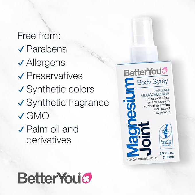 BetterYou Magnesium Joint Body Spray - Muscle Relief Spray - Topical Magnesium Chloride and Glucosamine - Cooling Menthol and Eucalyptus - 3.38 oz