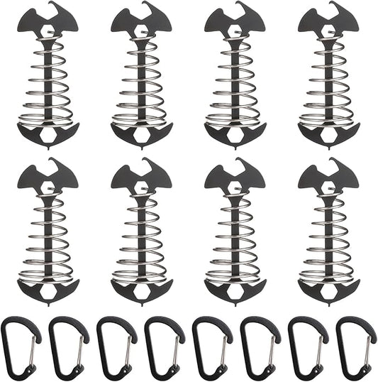 Morobor Black Deck Anchor Pegs, 8 PCS Multifunctional Windproof Aluminium Alloy Fish Bone Tent Stakes with Spring Buckle Portable Wind Rope Anchor Bottle Opener Nut Drill Screwdriver for Outdoor