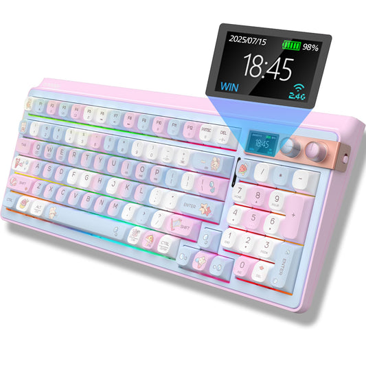 FOPATO H98 Gaming Keyboard, 98% Hot Swappable Gasket Structure 3-Mode Mechanical Keyboard, 96 Keys Full Key Rollover Bluetooth Wireless Keyboard with RGB, PBT Keycaps, Screen for Windows Mac (Pink)