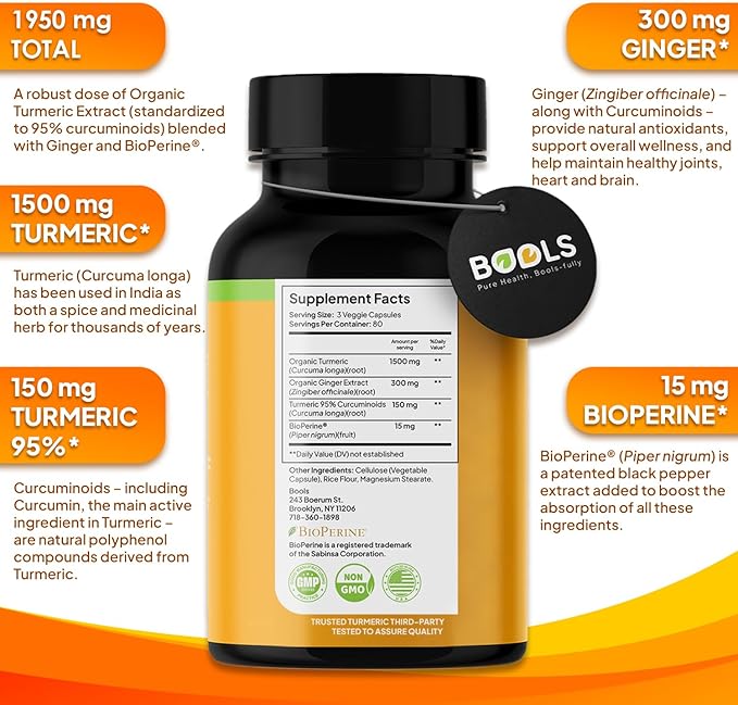 Bools Turmeric Curcumin Supplement with BioPerine & Ginger, Turmeric Curcumin with Black Pepper 1950mg for Max Absorption Joint Support- Non-GMO Turmeric Supplement, Vegan, 240 Capsules