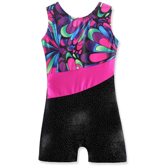 2t 3t Leotards for Toddler Girls Gymnastics with Shorts Dance Outfit Sparkle Flowers Pattern Sleeveless Biketards Hotpink Black (Assorted Colors, 2-3T)