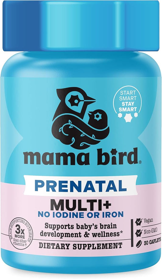 Best Nest Wellness Mama Bird Prenatal Multi Plus Iodine & Iron Free - Prenatal Vitamin for Brain & Digestive Health - Vegan Multivitamin with Methylfolate, Probiotics & More - 30 Caplets