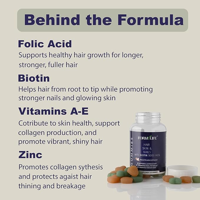 Hair Skin and Nails Gummies - Supports Healthy Hair, for Men & Women, Vegan Biotin Vitamins, Hair Growth, Stronger Nails, Healthy Skin, Made in USA, 60 Count