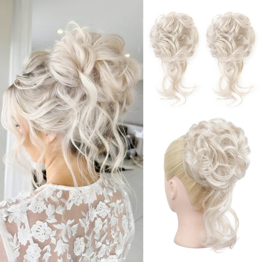 HOOJIH 2PCS Messy Bun Hair Piece, Tousled Updo with Tendrils Hair Bun Extensions Wavy Curly Hair Wrap Ponytail Hairpieces Hair Scrunchies for Women HB010 Dasiy - White Blonde