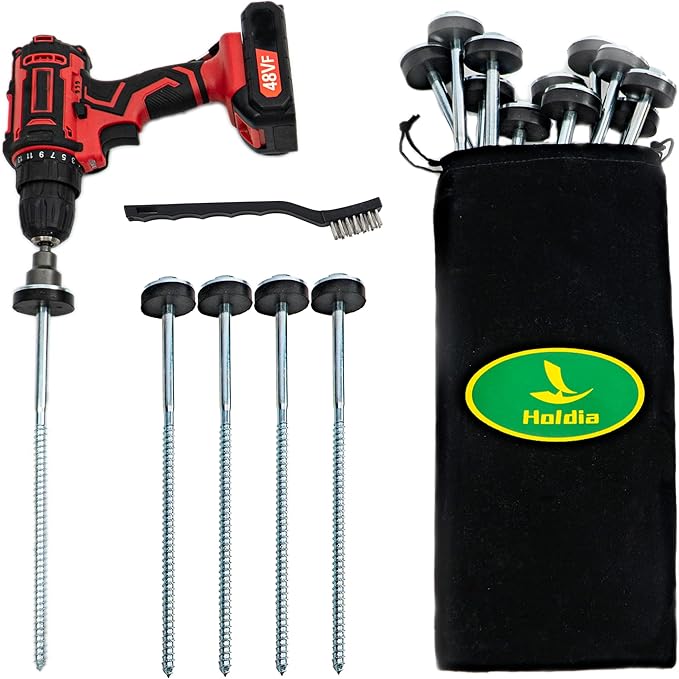 8 Pcs Drillable Tent Stakes 12" | Hex Pegs | Heavy Duty Metal Tent Anchors & Camping Spikes with 17MM Hex Drill Adapter and Storage Bag