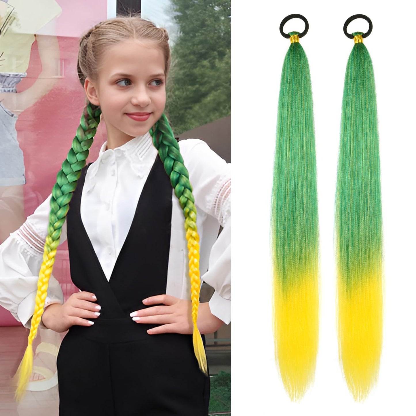 Braided Ponytail Extension With Hair Tie, Straight Wrap with Braid Ponytail Extension Green Yellow Gradient Synthetic Hair Pieces 26 Inch (Green/Yellow#)