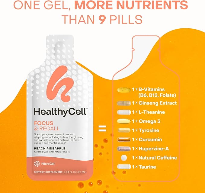 Healthycell Focus & Recall, Daily Liquid Brain Supplement for Focus & Memory - Nootropics Supplement for Concentration & Alertness with L-Theanine, Omega-3 & Taurine - 30 Gel Packs