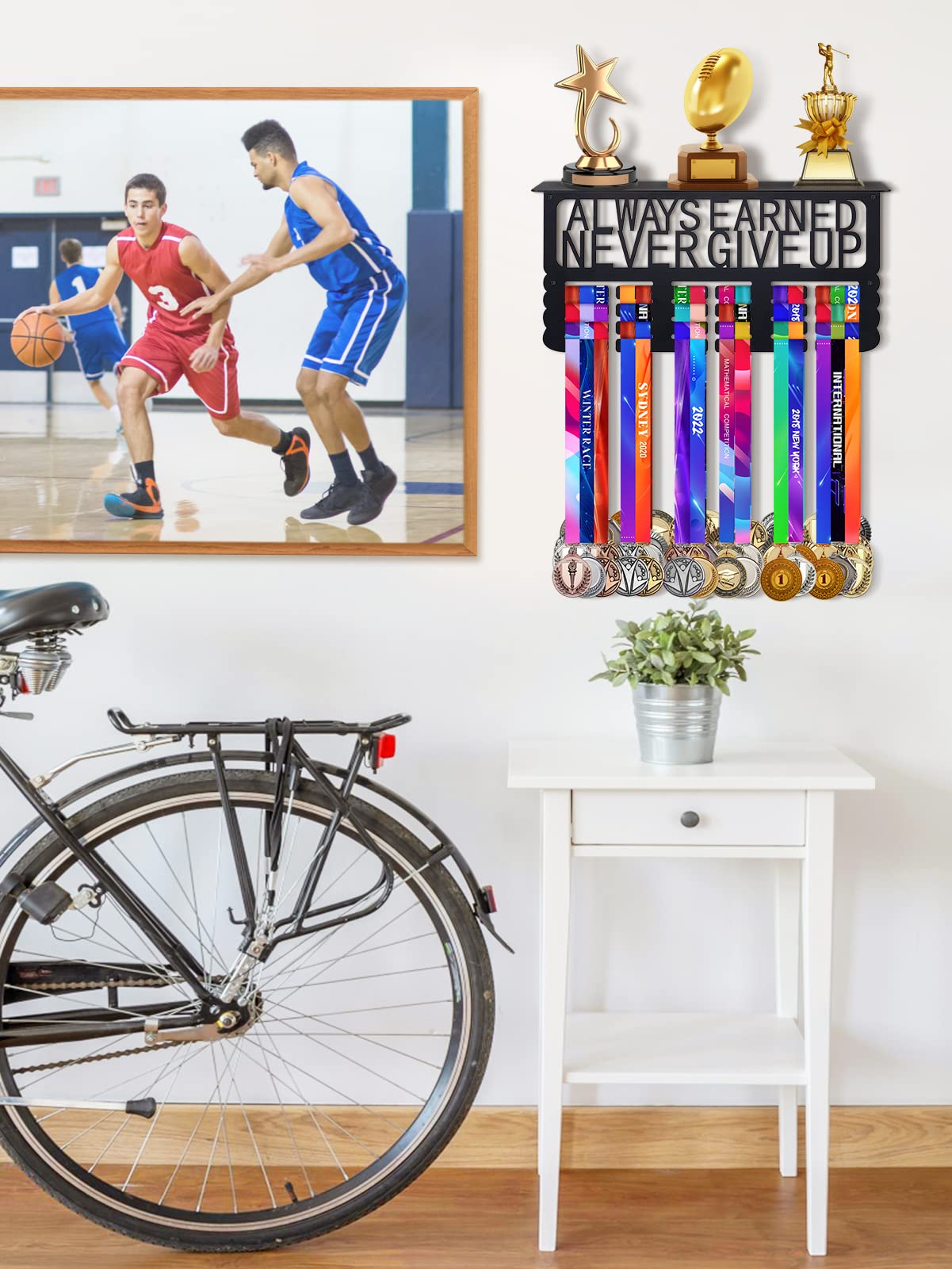Biggun Metal Trophy and Medal Display Shelf- Easy to Install Medal Hanger Display with Trophy Shelf Medal Holder for Over 70 Running Race Wrestling Medals