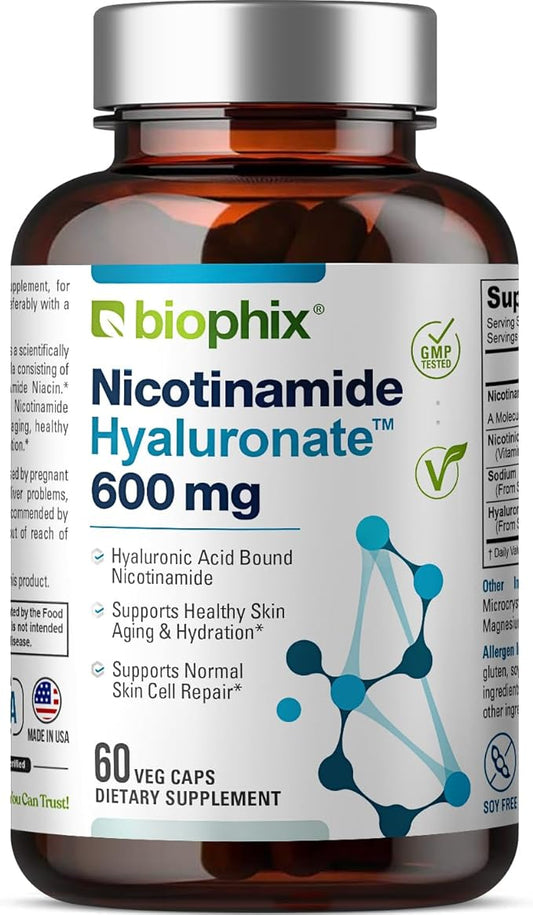 biophix B-3 Nicotinamide Hyaluronate 600 mg 60 Vcaps - Hyaluronic Acid Natural Flush-Free Nicotinic Amide Niacin - Supports Skin Cell Health