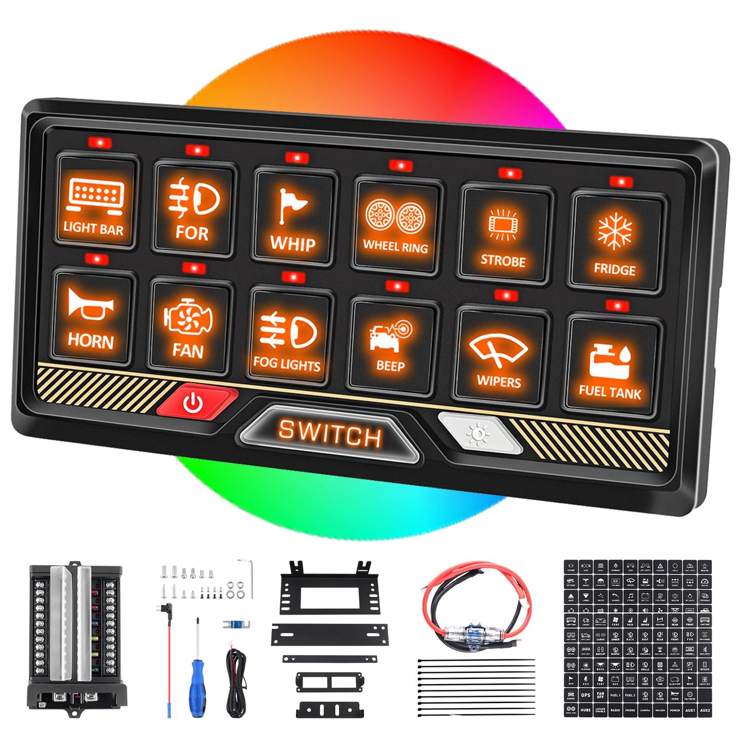 Chelhead 12 Gang Switch Panel RGB Acc Battery Control Control Toggle Momentary Pulsed Switch for Led Light Bar Pods Compatible with Truck Offroad UTV ATV Car Marine 12V 24V