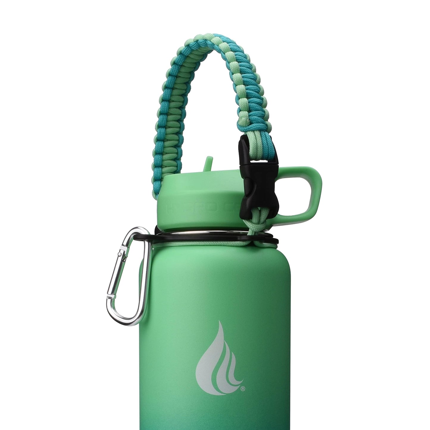 HYDRO CELL Paracord Handle for Wide Mouth Water Bottles - Carrier Strap w/Attachment Ring and Carabiner Accessory. Compatible w/ 64oz, 40oz 32oz, 24oz, 18oz, 14oz Insulated Bottles (Mint/Green)