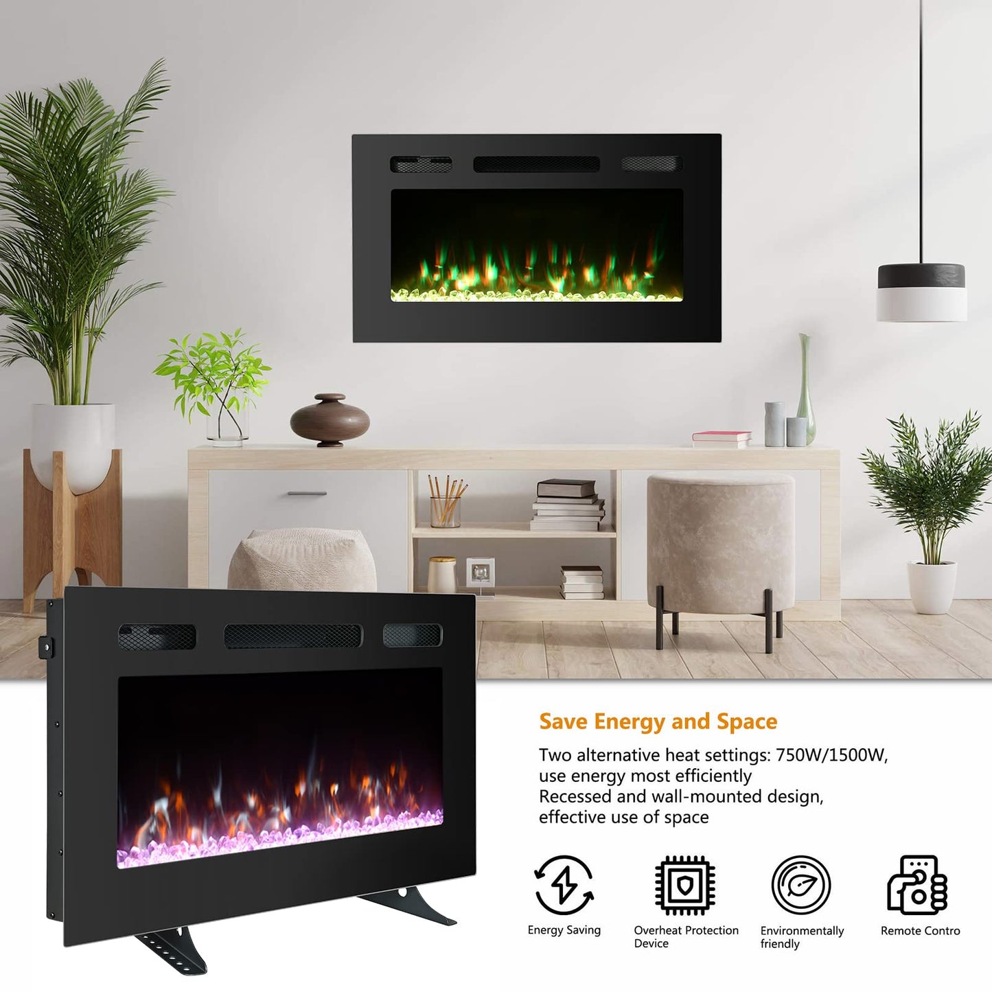 Cozy Daisy Electric Fireplace Heater,Wall Mounted and in-Wall Recessed,with Touch Screen, Realistic 12 Color Flame, Remote Controller/Log & Crystal Hearth Options,750W-1500W,Black (30 inch)