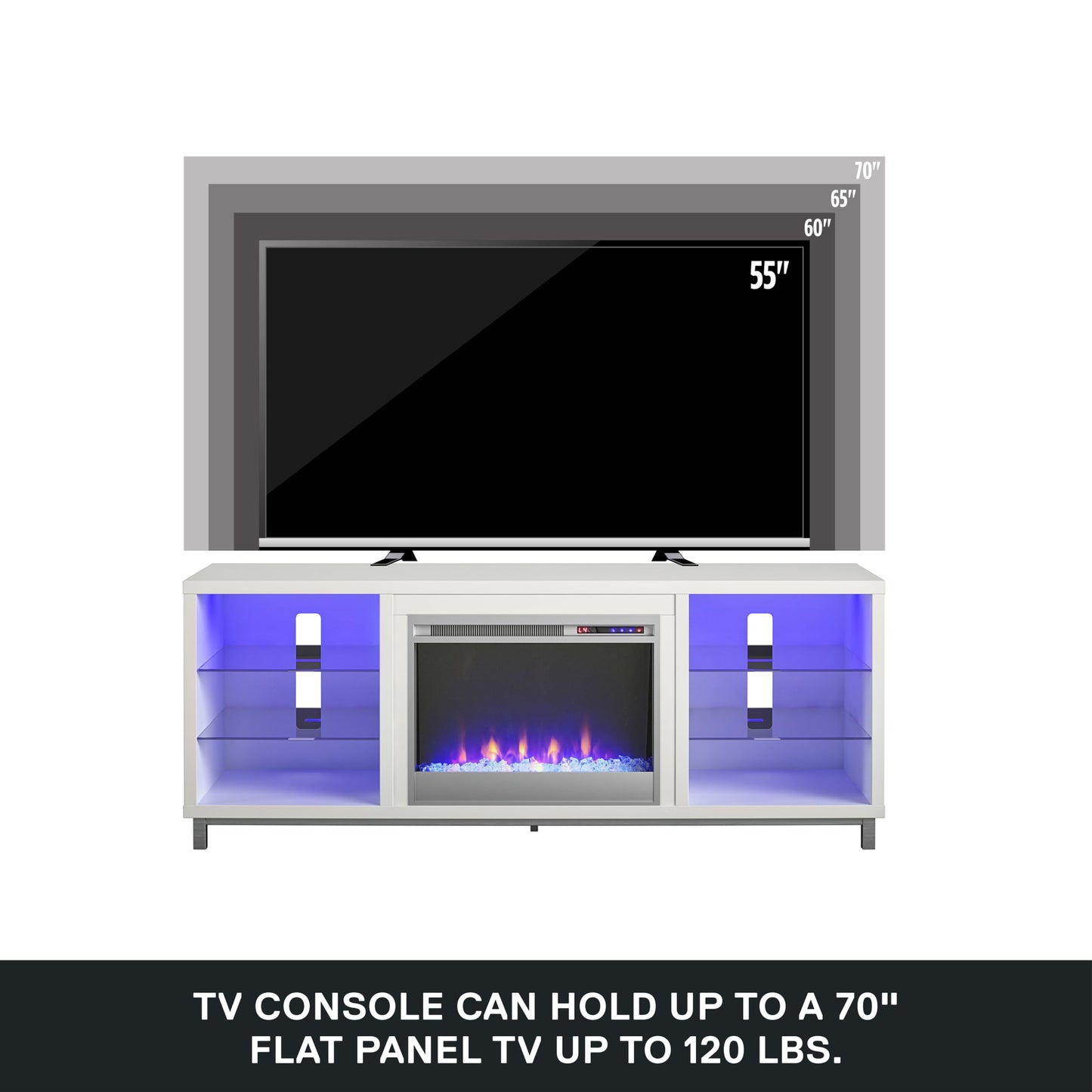 Ameriwood Home Lumina Fireplace TV Stand for TVs up to 70 Inch, Replaceable Electric Fireplace Insert Heater, Remote Control, Timer, Color Changing LED Lights, Crystal Ember Flames, White