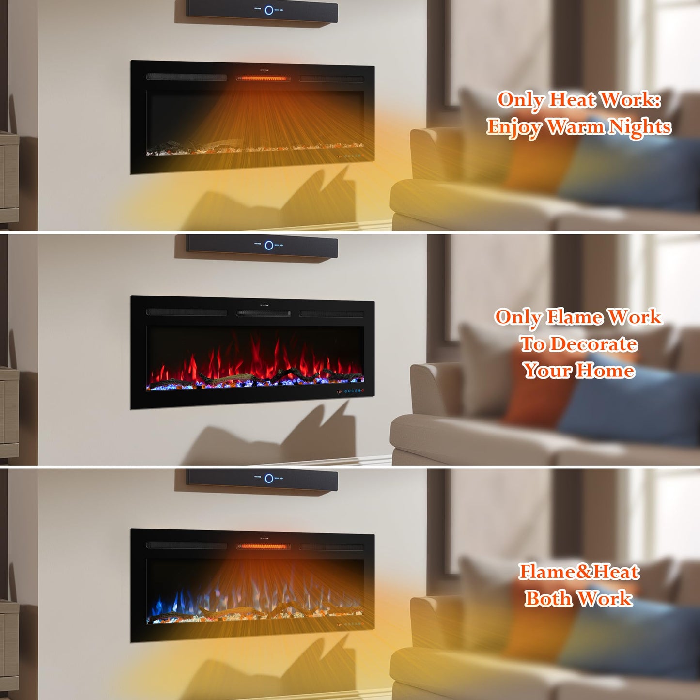 Velaychimney 48" Smart WiFi Electric Fireplace Insert, 13 Flame & Fuel Bed with Automatic Cycle, Fireplace Heater with APP Control & Thermostat, Timer, Recessed and Wall Mounted
