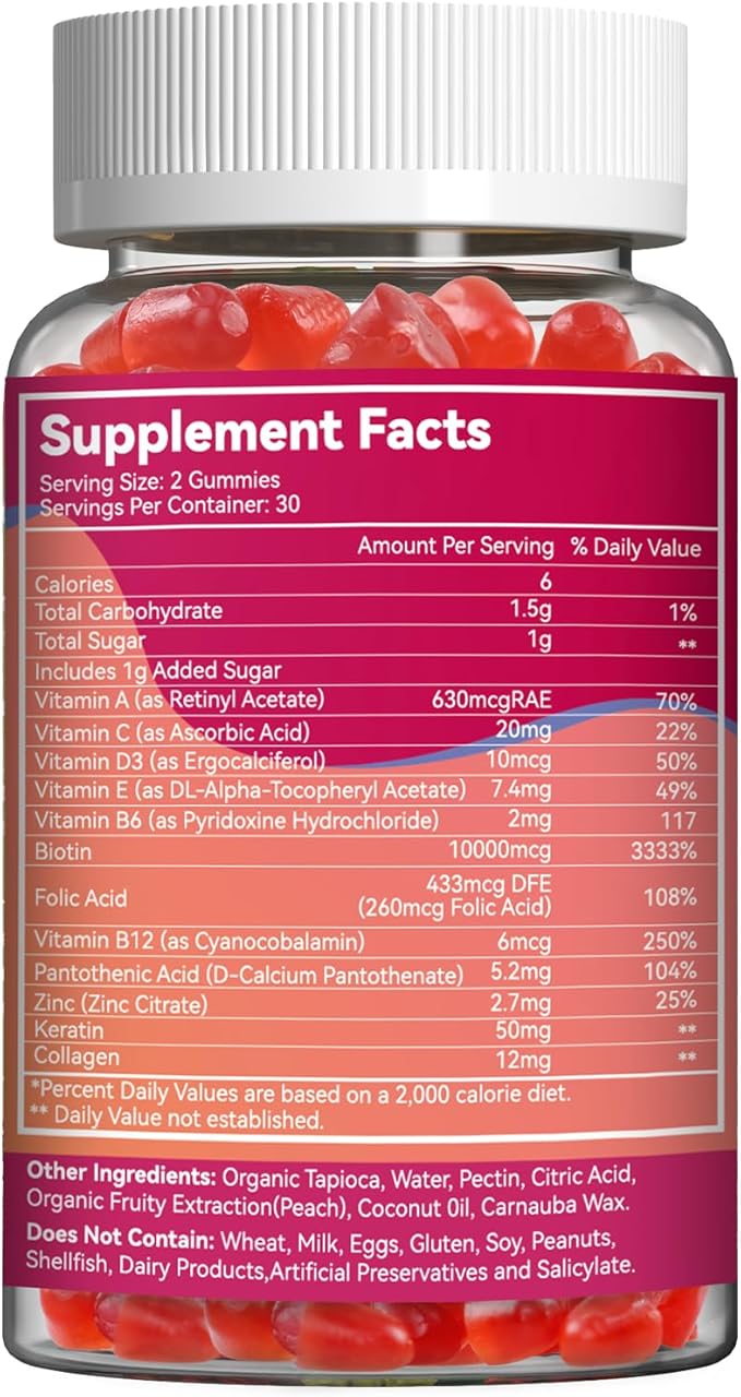 2 Pack Biotin Gummies for Hair Growth 10000 mcg, Hair Skin and Nails Gummies with Folic Acid, Vitamins A, B, C, E & D, Vegan biotin Vitamins for Women & Men, 120 Gummies