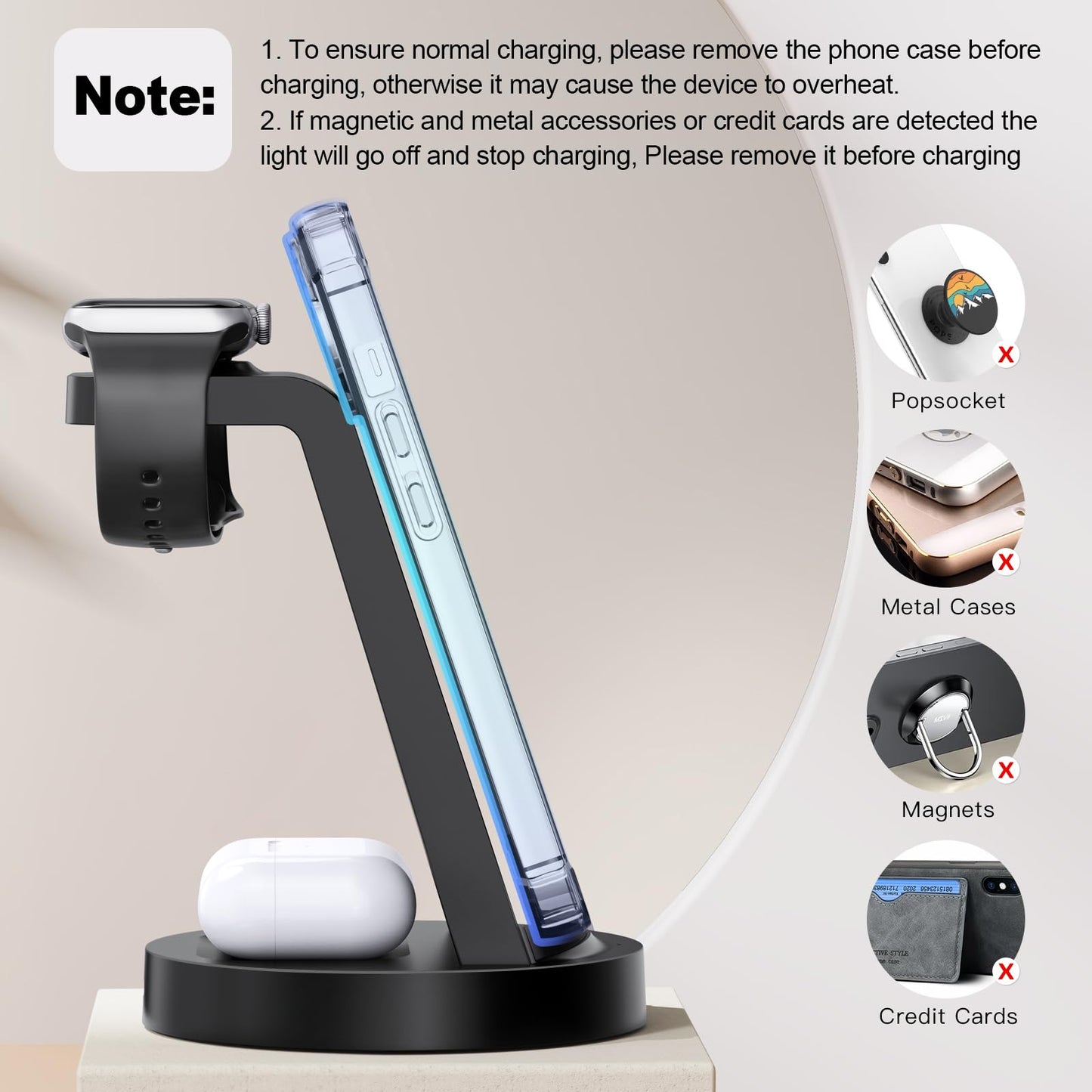 3 in 1 Charging Station for iPhone, Wireless Charger for iPhone 16e 16 15 14 13 12 11 X Pro Max & Apple Watch - Wireless Charging Station for AirPods 4 3 Pro