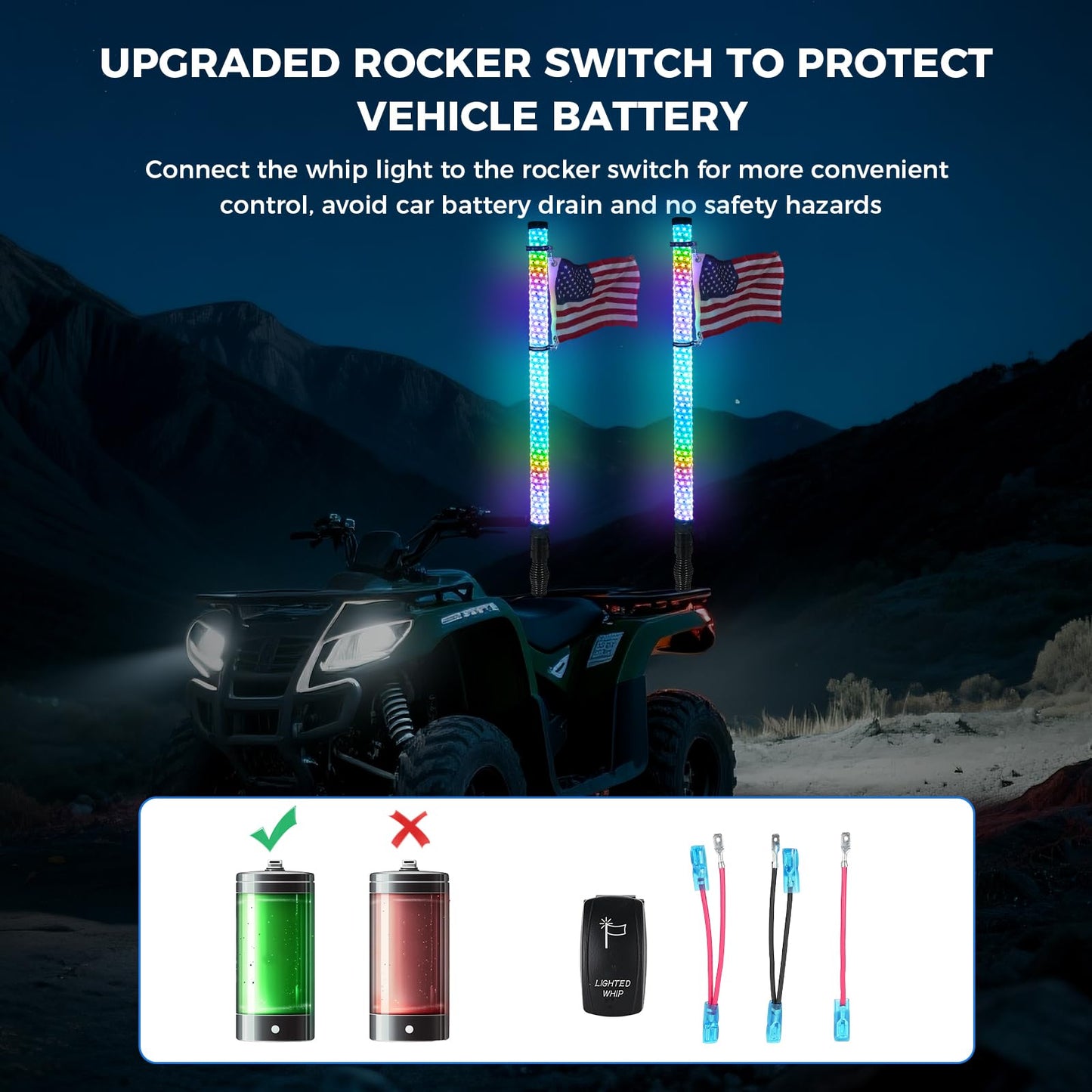 STARKMAN (2 Pack) 3FT Fat Whip Lights, Music LED Whip Lights with App & Remote Control, Spiral RGB Chase Light Up Antenna Whip with Rocker Switch, for SXS ATV UTV RZR Can-am X3 Off-Road