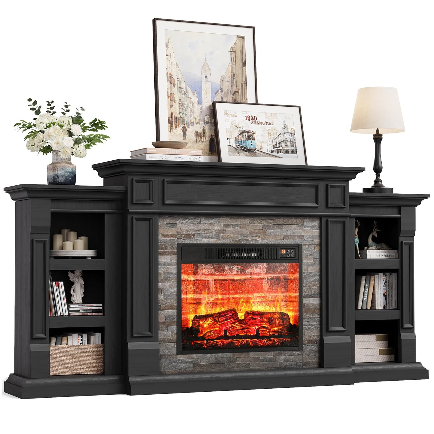 Naice 72" Electric Fireplace with Mantel and Cabinets, Fireplace TV Stand for Living Room Bedroom, Stacked Stone Surround and Remote Control 3D Realistic Flame, Black