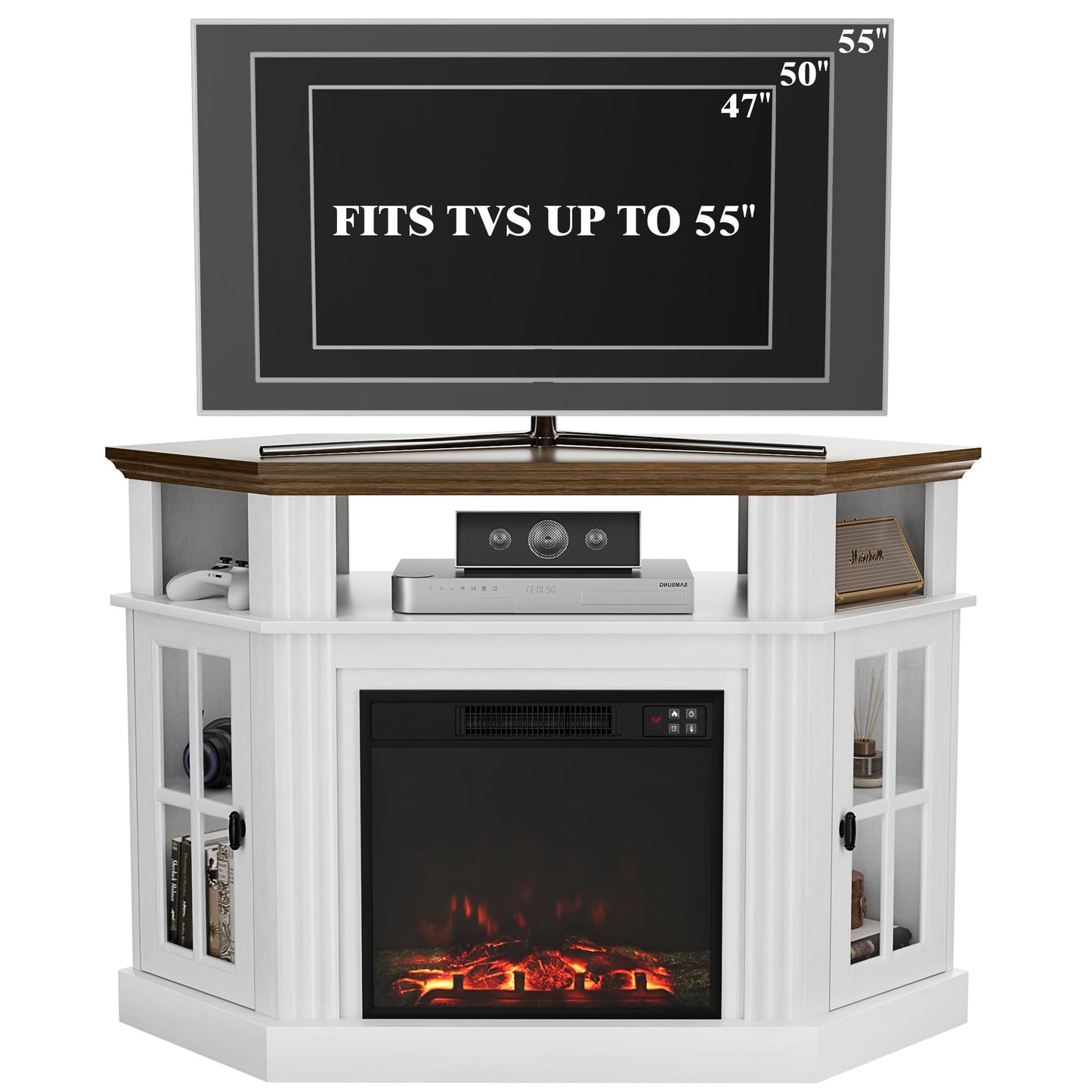 Furmax Fireplace Corner TV Stand for TV Up to 55 Inch, Modern TV Console with 18 Inch Electric Fireplace, Entertainment Center with Open Shelf and Storage Cabinets for Living Room, Antique White