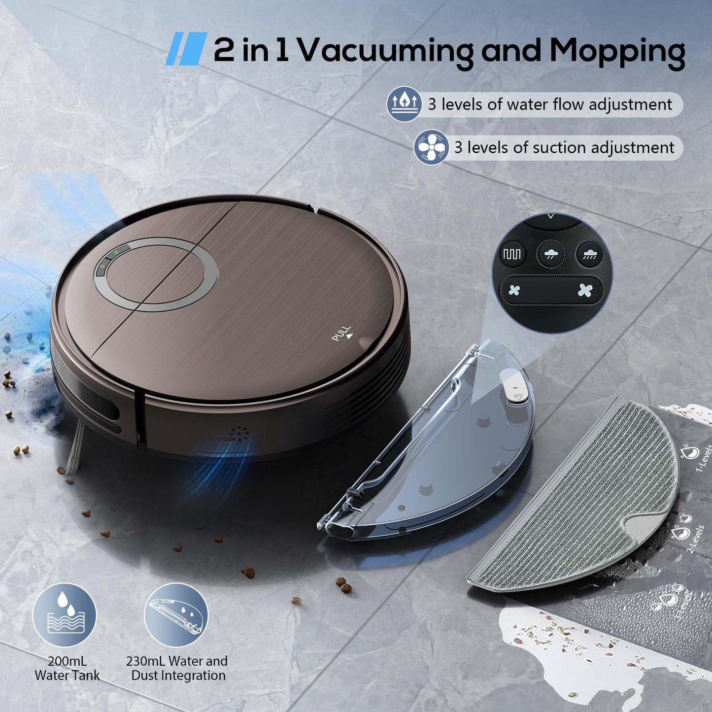 Robot Vacuum and Mop Combo, 2 in 1 Mopping Robot Vacuum Cleaner with 2000Pa Max Suction, Wi-Fi/App/Remote, Schedule, Self-Charging Slim Robotic Vacuum, Ideal for Pet Hair, Low-Pile Carpet, Hard Floor