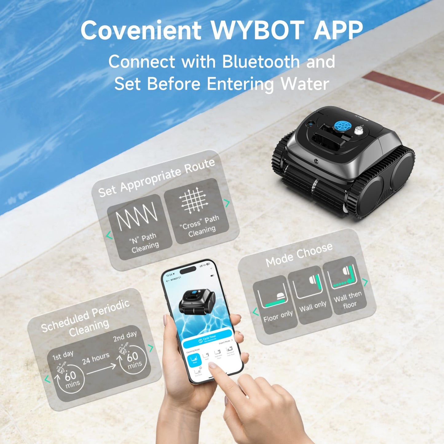 (2025 Upgrade) WYBOT C1 Pool Robot Vacuum for Inground Pools, 4-in-1 Cordless Robotic Pool Cleaner Lasts 150min, Triple-Motor up to 1,614 Sq.ft, Smart APP Support, Auto Wall & Waterline Cleaning