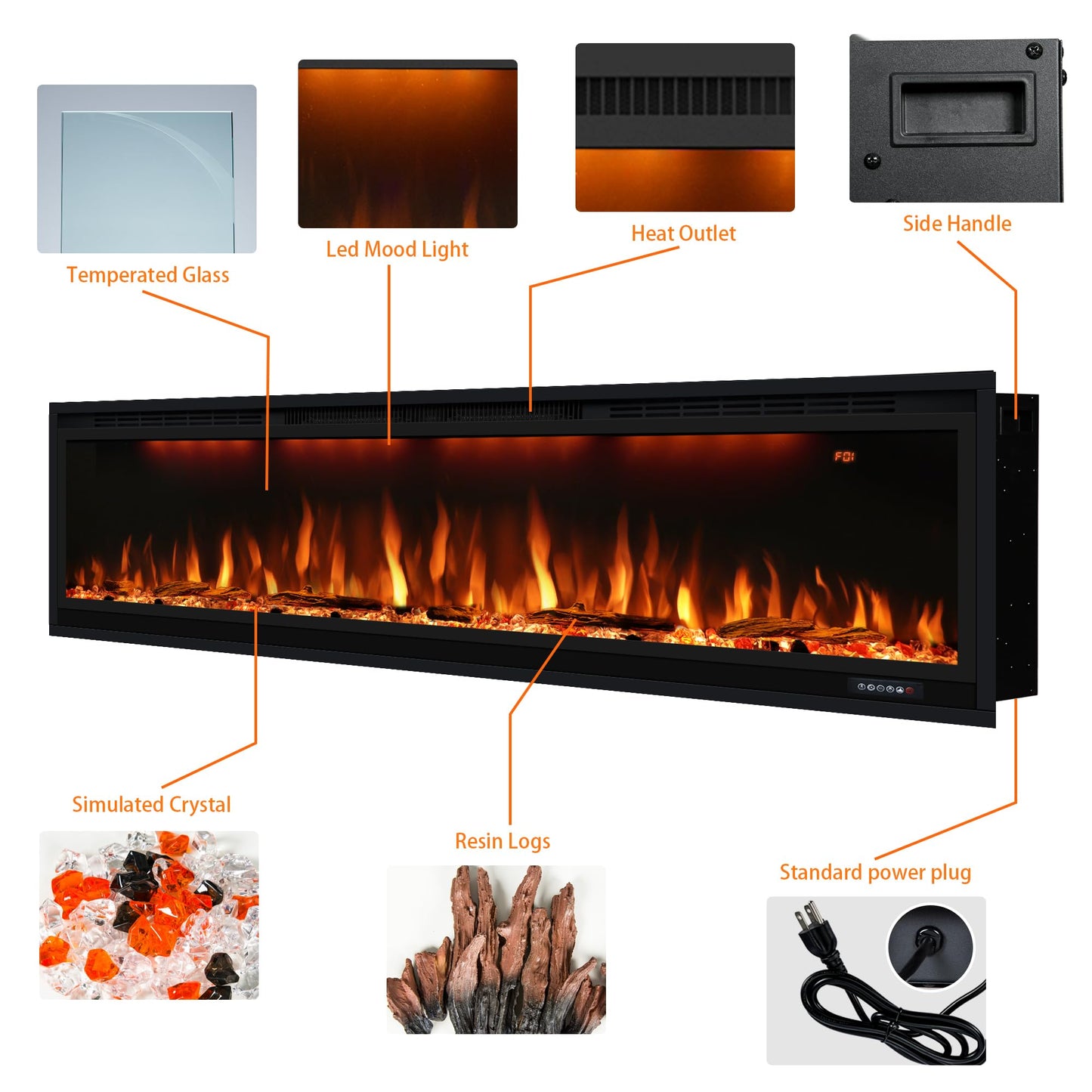 60 inch Smart Linear Electric Fireplace, Recessed and Wall Mounted Fireplace Inserts with Remote Control, Adjustable Flame Color, Lights, Temperature, Overheating Protection& Timer, 750W/1500W, Black