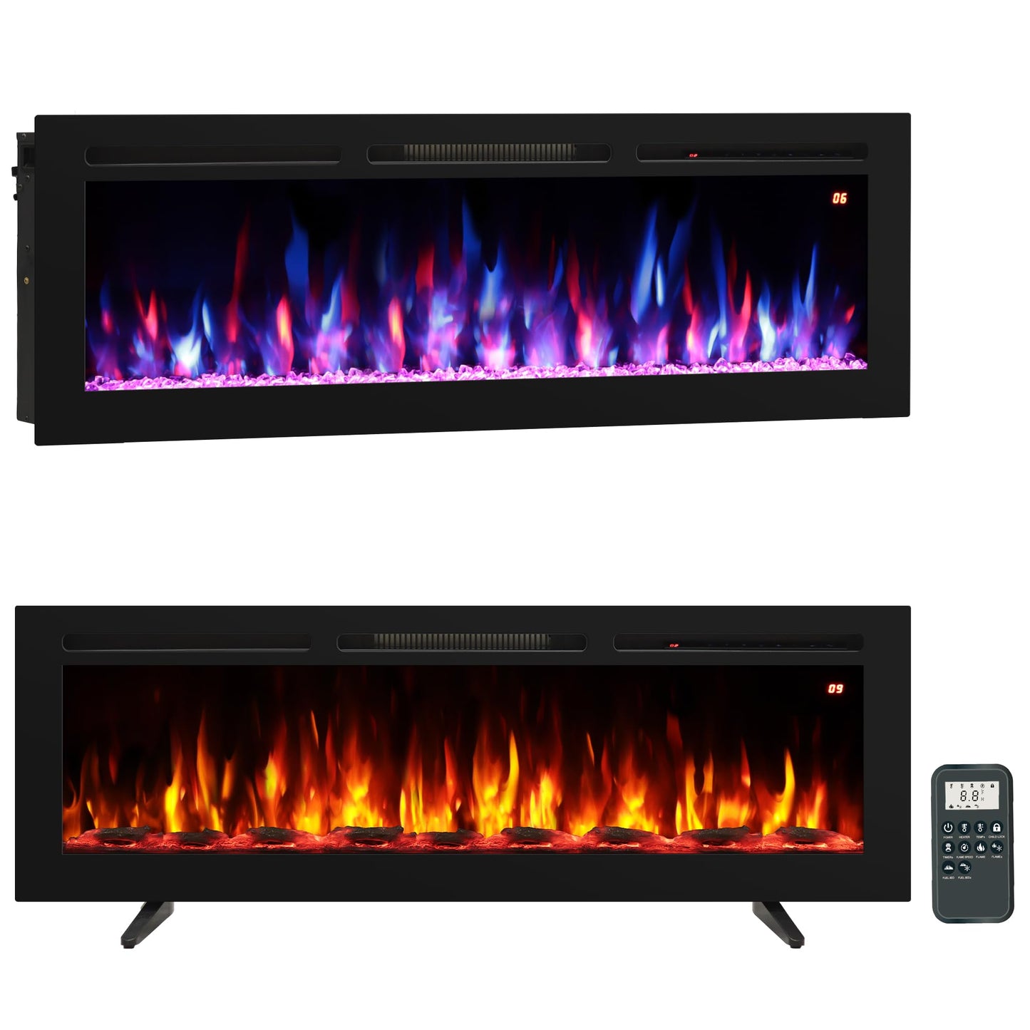 Oxhark Flame 54 Inches Electric Fireplace, Freestanding & Wall Mounted & Recessed, Electric Fireplace Heater with Remote Control, 196 Flame Combinations, 6 Levels Brightness, Timer, Black, 1500W/750W