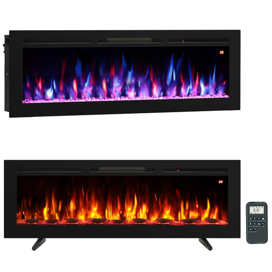 Oxhark Flame 54 Inches Electric Fireplace, Freestanding & Wall Mounted & Recessed, Electric Fireplace Heater with Remote Control, 196 Flame Combinations, 6 Levels Brightness, Timer, Black, 1500W/750W