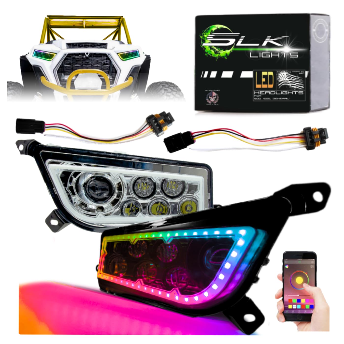 SLK Lights 2024 Improved RZR LED Headlight RGB Halo Compatible With Polaris General, RZR 900s, Razor 1000 XP Turbo (Fits: 2014-2024) (Chrome RGB Halo)