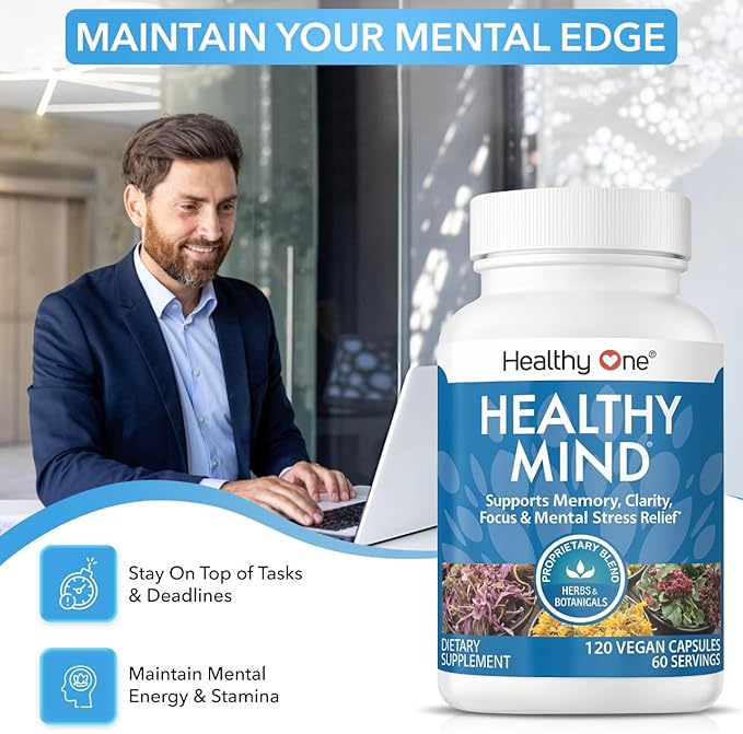Healthy Mind - Safe for Teens - Brain Fog - Cognitive Function - Concentration - Focus - Neural Optimization - Mood - Ginkgo Biloba - Ginseng - Rhodiola - Bacopa - Gotu Kola - Green Tea - 60 Count