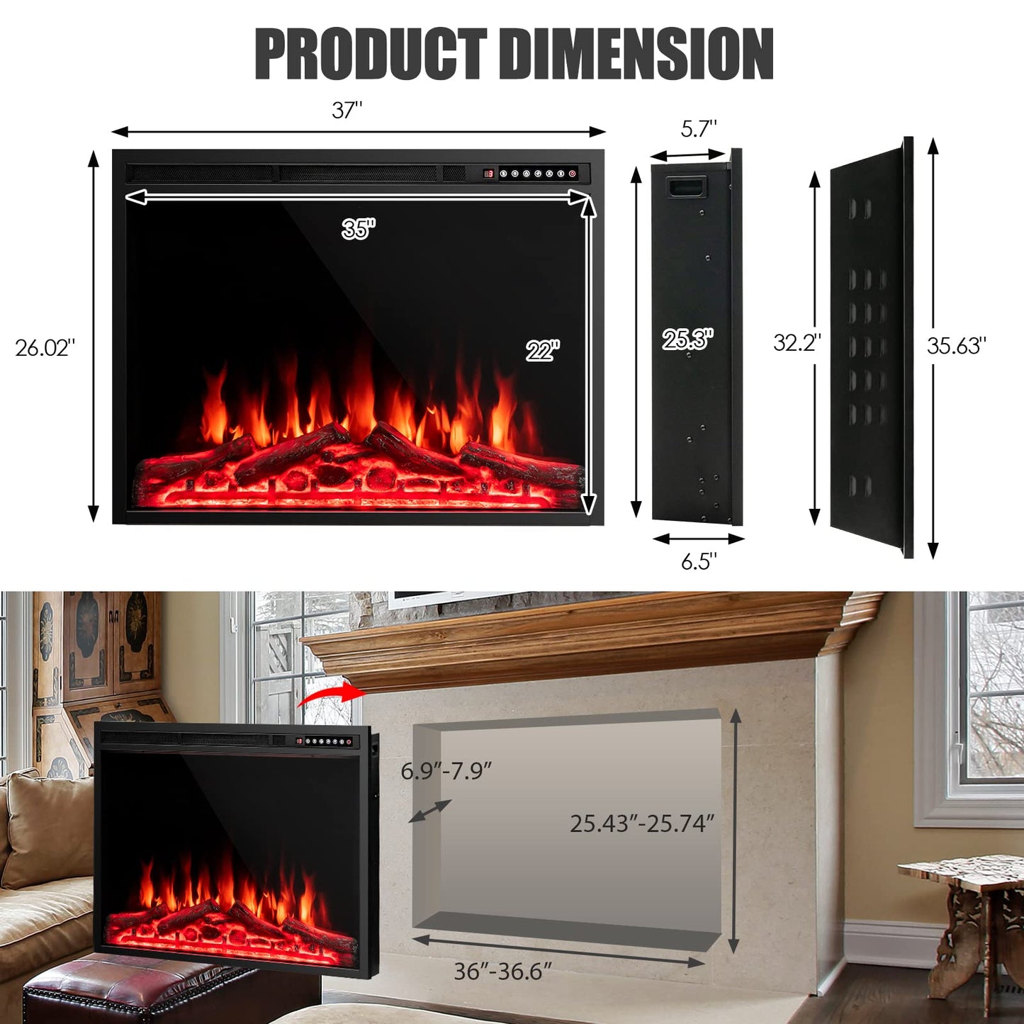 COSTWAY 37-Inch Electric Fireplace, Wall-Mounted and Recessed Fireplace Heater with 4 Flame and Log Colors, 5-Level Flame Speed and Brightness, Remote Control, 8H Timer, Overheat Protection, 1500W